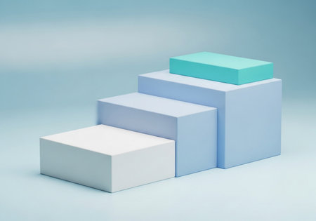 A clean and simple 3D render showcasing a series of pastel blue and white geometric cubes, artfully arranged in ascending steps on a soft blue backdrop.の素材