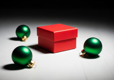 A vibrant red gift box is centrally placed on a clean white surface, accompanied by three glistening green Christmas ornaments, evoking holiday cheer.の素材