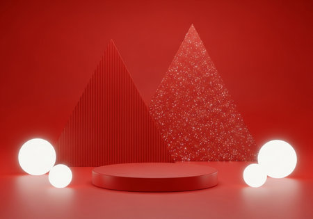 A striking 3D render featuring a central red podium surrounded by luminous spheres and abstract geometric forms, set against a vibrant red backdrop.の素材