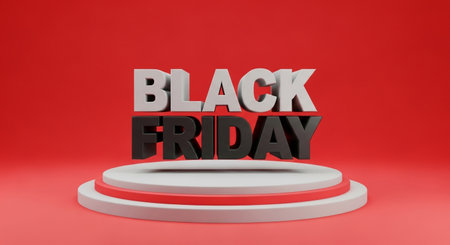A 3D render of the words 'BLACK FRIDAY' displayed prominently on a white and red podium, set against a vibrant red backdrop, symbolizing a major shopping event.の素材