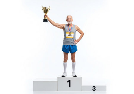 A proud senior man, a decorated athlete, stands tall on the first-place podium, clutching a golden trophy, celebrating his hard-earned victory.の素材