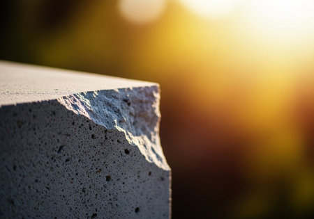 A detailed view of a concrete block's fractured edge, illuminated by soft, warm sunlight creating a beautiful bokeh effect in the background.の素材