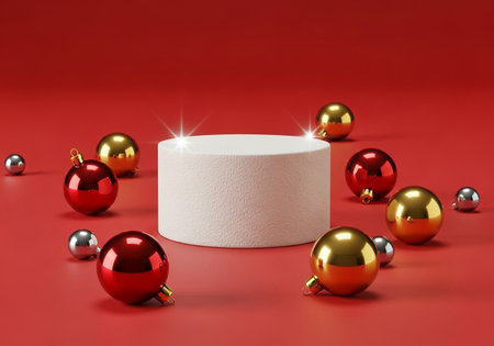 A clean white podium is the centerpiece, encircled by a scattering of reflective red and gold Christmas baubles on a vibrant red surface.の素材