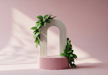 A stylish arch-shaped podium adorned with vibrant green leaves, set against a soft pink backdrop with gentle light and shadow play.の素材