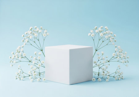 A clean, white cube serves as a display platform, elegantly adorned with airy gypsophila flowers against a soft blue backdrop.の素材