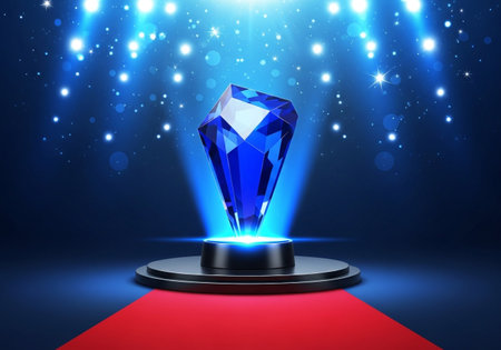 This image features a stunning blue gemstone, presented dramatically on a velvet-covered pedestal, evoking feelings of grandeur, exclusivity, and ultimate achievement.の素材