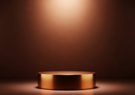 A polished bronze podium, illuminated by a soft spotlight against a dark, rich background, creating an atmosphere of prestige and elegance for any award or presentation.の素材
