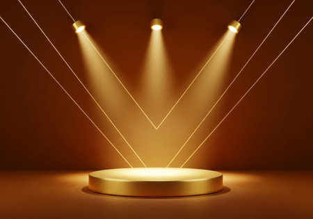 A circular golden podium sits center stage, bathed in the warm glow of three converging spotlights, casting dramatic shadows and highlighting its metallic sheen.の素材