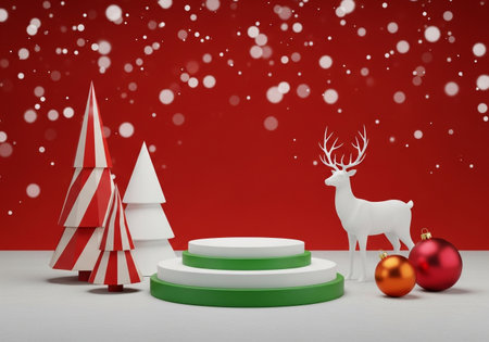A charming 3D Christmas scene featuring a white reindeer, stylized trees, and festive ornaments, perfect for holiday promotions and designs.の素材