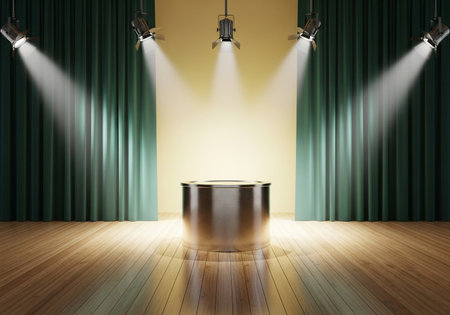 An empty stage is illuminated by spotlights, highlighting a metallic podium centered against green curtains, creating an atmosphere of anticipation.の素材