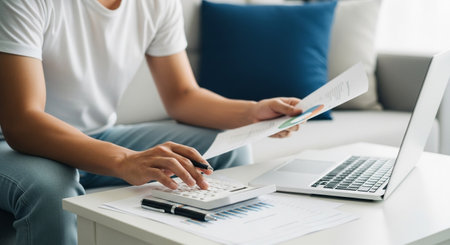 A man is calculating his finances at home using a laptop and documents. He is managing his budget and expenses, planning investments and savings for financial stability.の素材