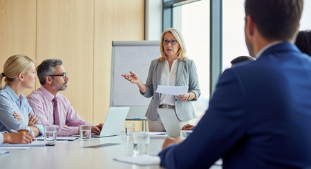 In a bright conference room, a businesswoman leads a meeting, presenting data to her colleagues, fostering collaboration and strategic planning for company growth.の素材
