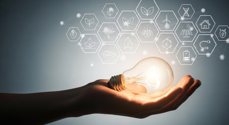 This image represents the bright future of sustainable energy. A hand holds a light bulb, symbolizing innovation and the potential for a greener, more sustainable world.の素材