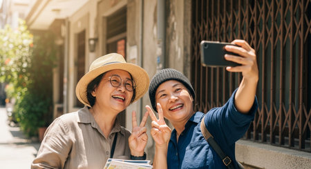 Two senior women are joyfully taking a selfie on a sunny street. They are wearing hats and flashing peace signs, capturing a happy memory during their travel adventure.の素材