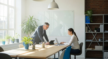 In a sunlit office, a man and woman collaborate using a laptop and tablet. Surrounded by plants, they engage in a business meeting, planning and strategizing together.の素材