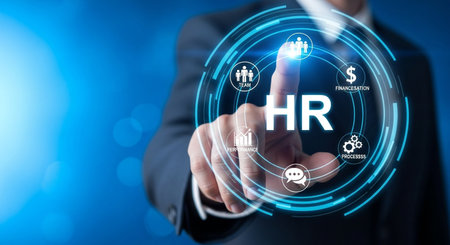 A modern depiction of human resources using technology. The image shows a businessman interacting with a digital interface, emphasizing HR's role in business growth.の素材