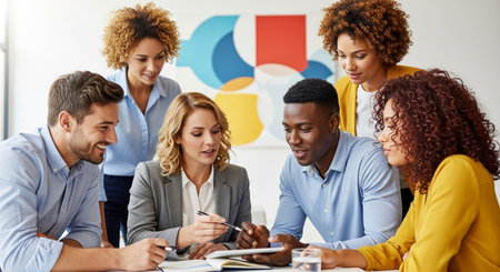 A group of diverse professionals collaborating around a table, exchanging ideas and expertise, fostering a culture of innovation and driving business growth forward.の素材