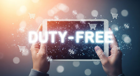 A person holds a tablet displaying the words "Duty-Free", surrounded by shopping cart and percentage sign icons, set against a blurred, bokeh-filled background.の素材