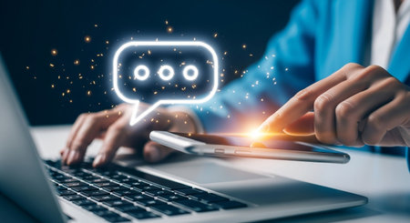 A person is interacting with a smartphone and laptop, emphasizing digital communication. A speech bubble icon symbolizes online connection, chat, and messaging in the digital age.の素材