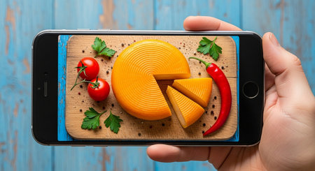 A hand showcases a phone screen displaying cheese, tomatoes, and pepper on a wooden board. The vibrant colors and fresh ingredients create an appealing visual.の素材