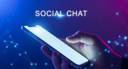 A captivating image showcasing the essence of social interaction through technology. A hand holds a smartphone, its screen glowing, symbolizing connectivity and communication.の素材