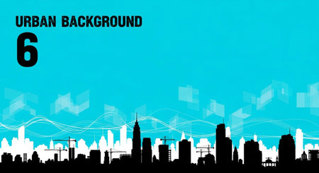 This image showcases a city skyline silhouette against a bright blue background. It evokes a sense of urban life and modern architecture, perfect for various design needs.の素材