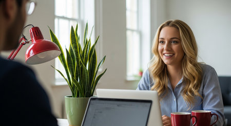 In a bright office, a smiling woman in a blue shirt engages in a meeting with a colleague, with laptops, a plant, and red mugs adding to the professional atmosphere.の素材