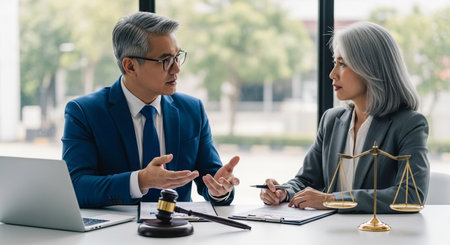 Two lawyers are engaged in a serious discussion, likely about a case. Scales of justice symbolize legal principles. A laptop suggests research and preparation.の素材