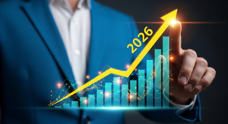 This image represents business growth and financial success, showing an upward trend projected to 2026, with a man in a suit interacting with the graph.の素材
