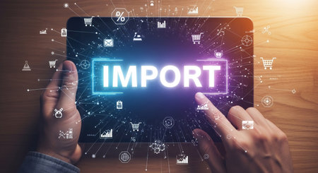 A digital tablet displays the word 'IMPORT' surrounded by network icons, symbolizing international trade and the interconnectedness of global supply chains and commerce.の素材