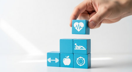 A hand carefully places a block with a heart icon atop a stack of blocks featuring health and fitness symbols, set against a pristine white backdrop, promoting wellness.の素材