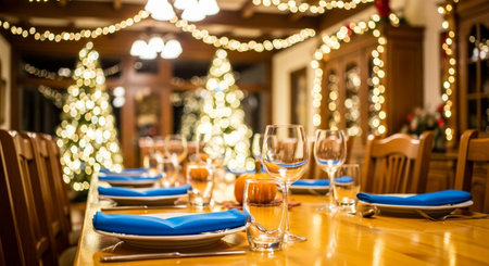 A festive Christmas dinner table is set with elegant glassware, blue napkins, and sparkling lights, creating a warm and inviting atmosphere for a holiday celebration.の素材