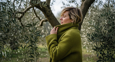 A woman in a green coat stands serenely in an olive grove, eyes closed, embracing the tranquility of nature. The scene captures a moment of peace and connection.の素材