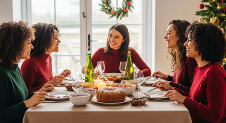 A group of women are celebrating Christmas with a festive dinner. They are enjoying wine and cake while engaging in joyful conversation around the table. A holiday scene.の素材