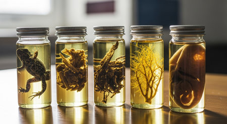 A row of glass jars containing various preserved specimens, including a lizard, plants, and other organic matter, showcasing scientific preservation and natural history.の素材