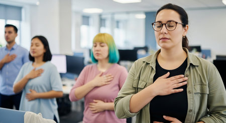 A diverse office team engages in a mindfulness exercise, placing hands on their chests, fostering unity and well-being in a modern workspace, promoting a positive atmosphere.の素材