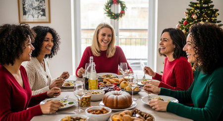 A group of five women joyfully share a Christmas dinner, their laughter and conversation filling the room with warmth and festive cheer in a beautifully decorated home.の素材