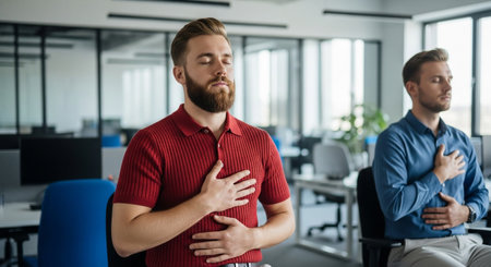 Two colleagues are practicing mindful breathing in a modern office setting. They are promoting calmness, focus, and well-being, while reducing stress during work hours.の素材