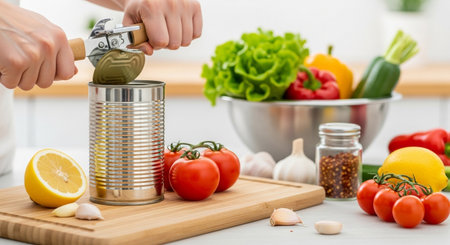 A person opens a can of artichoke hearts on a wooden board surrounded by fresh vegetables, showcasing a healthy and delicious meal preparation in a bright kitchen.の素材