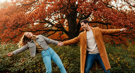 A joyful couple embraces the beauty of autumn, holding hands amidst vibrant foliage. Their playful lean back captures the essence of love and carefree happiness in nature.の素材