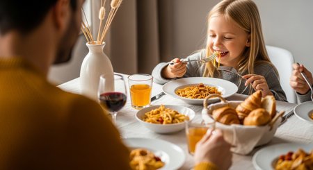 A family gathers around a table, enjoying a meal of pasta and bread. The warm lighting and happy faces create a sense of togetherness and shared enjoyment in the home.の素材