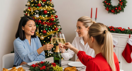 A joyful Christmas dinner scene with three women celebrating, clinking champagne glasses amidst festive decorations, creating a warm and cheerful holiday atmosphere.の素材