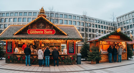 A vibrant Christmas market scene featuring a GlÃ¼hwein stall in Germany, bustling with people enjoying the festive atmosphere against a backdrop of city buildings.の素材