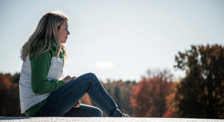 A woman sits peacefully, lost in thought, as she admires the vibrant autumn colors. The warm sunlight enhances the serene atmosphere, creating a moment of quiet reflection.の素材