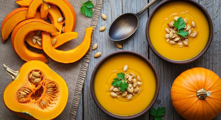 Indulge in a creamy pumpkin soup, a seasonal delight. Fresh pumpkins blend with spices for a comforting dish. Perfect for a cozy autumn meal, warm and delicious.の素材