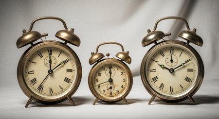 A trio of vintage alarm clocks, each displaying a different time, evokes a sense of nostalgia and the relentless march of time. The clocks are arranged in a row on a surface.の素材