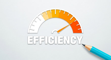 The image displays an efficiency meter, symbolizing high performance and productivity. A pencil points towards progress, indicating success in business and goals.の素材