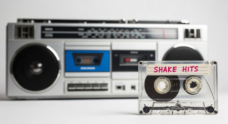 A vintage boombox and cassette tape are displayed, showcasing a bygone era of music technology and portable audio entertainment, capturing the essence of a classic sound system.の素材
