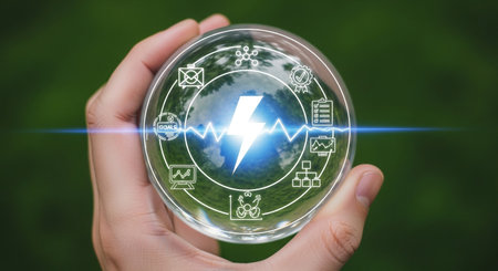 This image shows a hand holding a petri dish with a lightning bolt inside, surrounded by icons representing energy and technology integration, symbolizing innovation.の素材