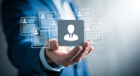 A person holding digital profile icons, representing recruitment and human resources, highlighting candidate selection, job search, talent management, and hiring process.の素材